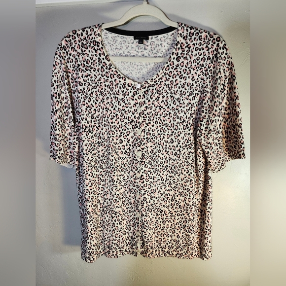 Talbots Sweaters - Talbots Blouse Women Animal Print Black Pink Front Button Casual Sz L